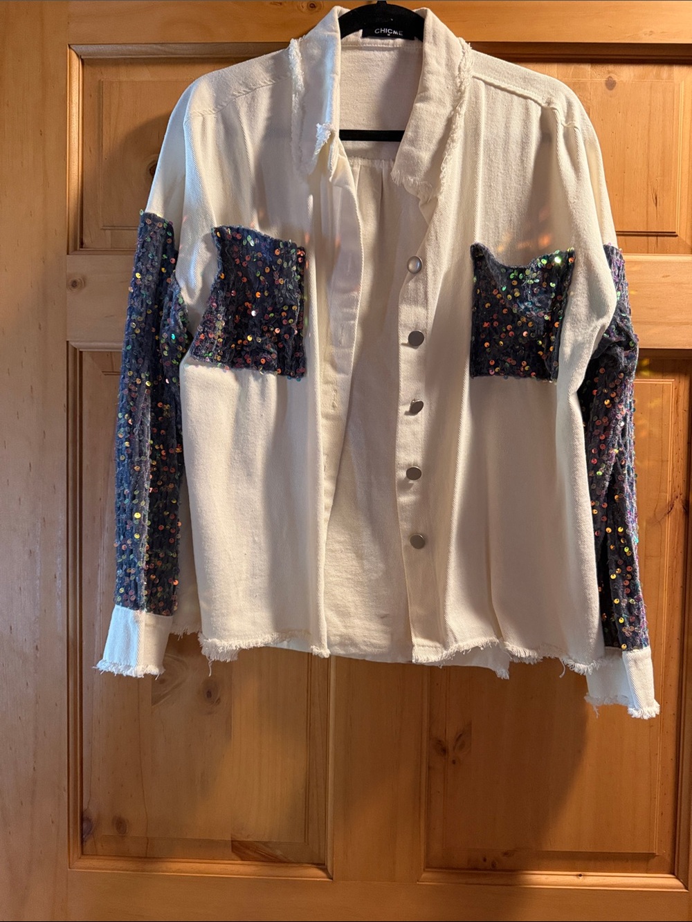 Cream Jean Jacket with Multicolor Sequin Panels
